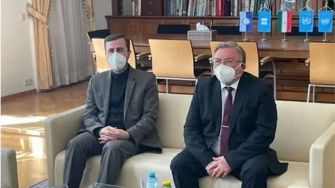 میخائیل اولیانف (راست) و کاظم غریب آبادی سفرای روسیه و ایران در آژانس بین المللی انرژی اتمی در وین به تازگی با هم دیدار کردند