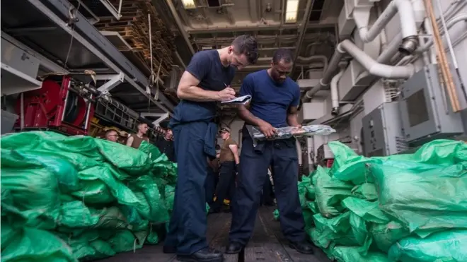 Ciidanka badda ee Maraykanka oo tirinaya hubka ay qabteen