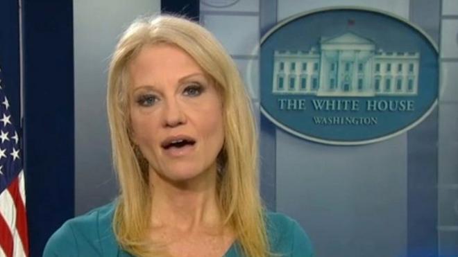 This frame grab from video provided by Fox News shows White House adviser Kellyanne during her interview with Fox News Fox and Friends, Thursday, Feb. 9, 2017