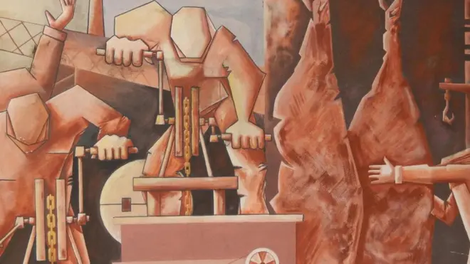 Para pekerja dari lebih 60 negara terserap di pekerjaan-pekerjaan yang disediakan oleh pabrik pengolahan daging di Fray Bentos, digambarkan pada sebuah mural oleh Angel Juárez Masares.