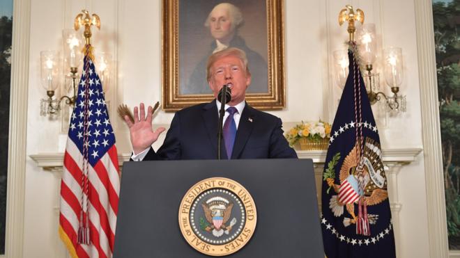US President Donald Trump addresses the nation on the situation in Syria April 13, 2018 at the White House in Washington, DC. Trump said strikes on Syria are under way.