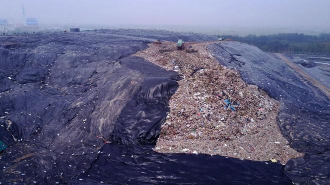 Aerial view of a landfill site at Sungeng Town on July 10, 2019 in Jinan, Shandong