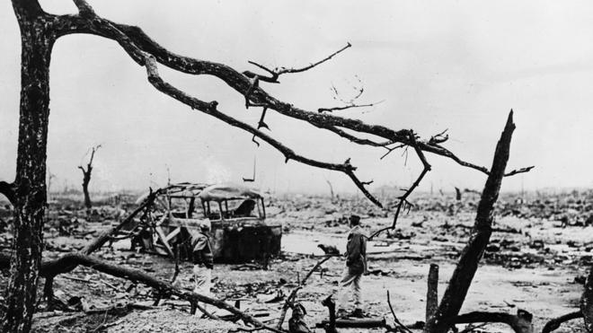 1945年日本投降后，美军在广岛拍摄的一张照片仍显示一片浩劫后的惨状