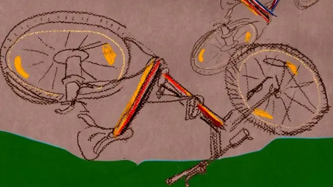 Crashed bikes on the floor