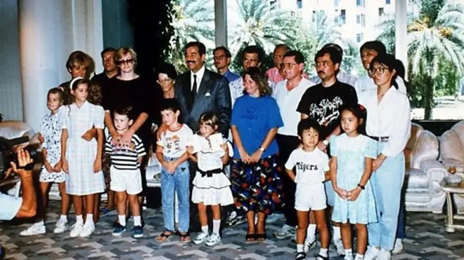 Saddam Hussein with western hostages, Iraq 1990