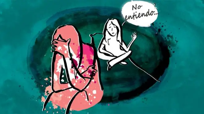 Ilustración de chica con su pareja y ella le dice "no entiendo"