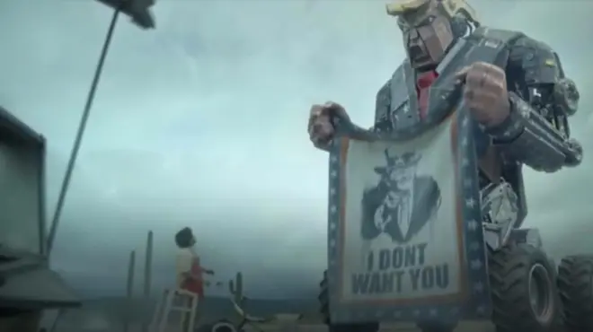 У цьому кіно Дональд Трамп керує величезним роботом.