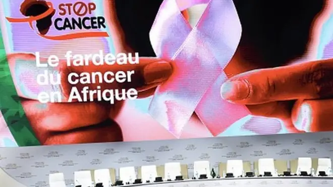 L'affiche d'une réunion sur la lutte contre le cancer en Afrique au palais des Congrès à Niamey, le 6 juillet 2019
