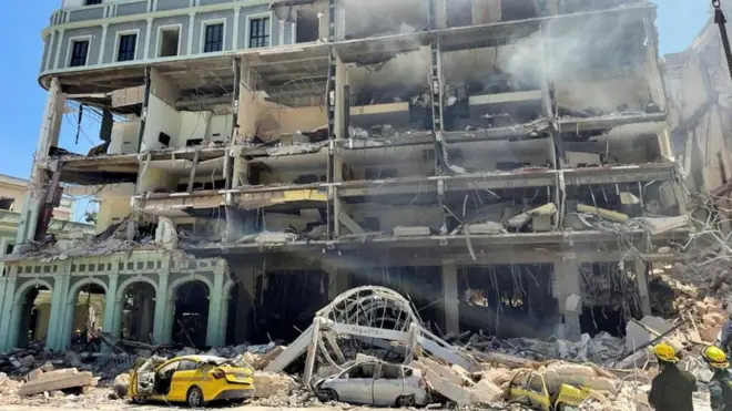 An explosion rocked the Saratoga Hotel on Friday and tore off its outer facade