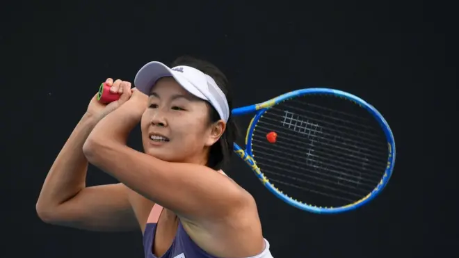 Shuai Peng of China in action during her Women's Singles first round match against Nao Hibino of Japan on day two of the 2020 Australian Open at Melbourne Park on January 21, 2020 in Melbourne, Australia