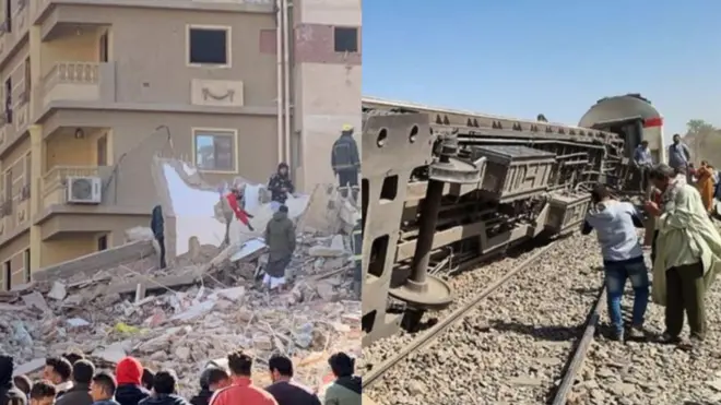 تصادم قطارين في محافظة سوهاج وانهيار مبنى "جسر السويس"