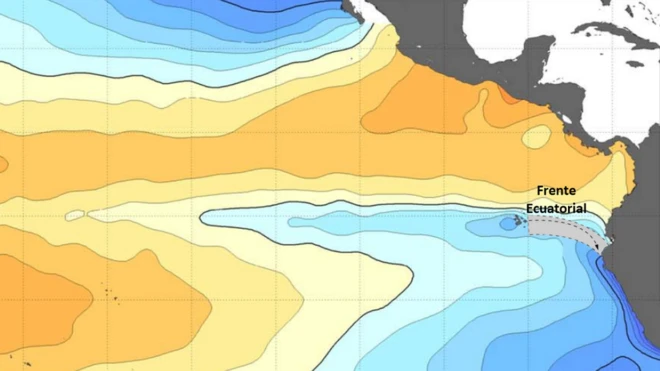 La lengua fría ecuatorial, señalizada en azul, se extiende hacia el oeste por el Pacífico desde la costa nortepix bet com brPerú.