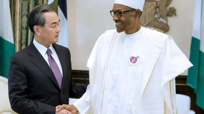 尼日利亚总统布哈里在阿布贾总统府会见中国外交部长王毅。