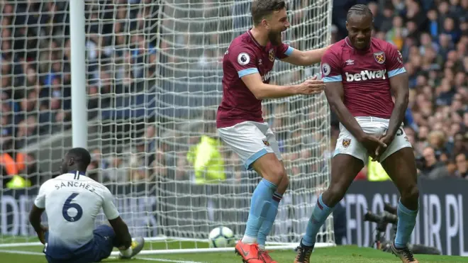Michail Antonio de West Ham United célèbre son but marqué contre Tottenham en Premier League.