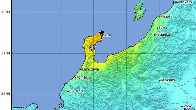1日午後4時10分ごろ、石川県能登地方で起きた地震の強さを示す地図（アメリカ地質調査所発表）