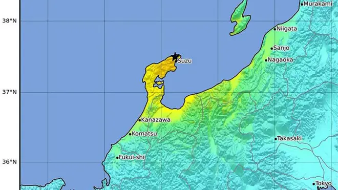 1日午後4時10分ごろ、石川県能登地方で起きた地震の強さを示す地図（アメリカ地質調査所発表）