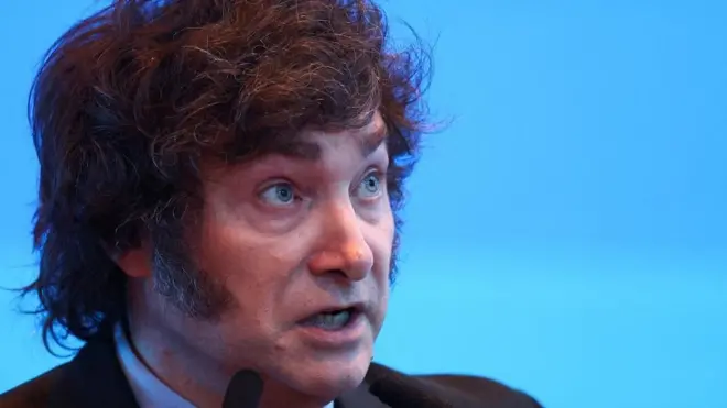 Аргентина'с Пресидент Јавиер Милеи спеакс дуринг а бусинесс евент ин Буенос Аирес, Аргентина, Марцх 26, 2024.