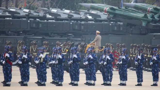 Myanmar's junta chief Senior General Min Aung Hlaing, who ousted the elected government in a coup on February 1, presides an army parade on Armed Forces Day in Naypyitaw, Myanmar, March 27, 2021.