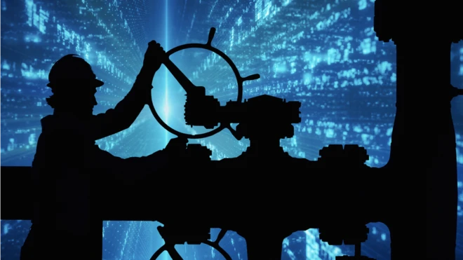 사이버 그래픽 배경 앞의 석유 노동자