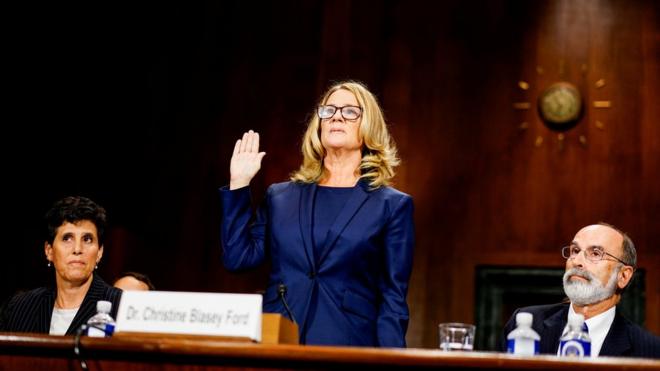 Christine Blasey Ford swears in at a Senate Judiciary Committee hearing on Capitol Hill in Washington, U.S., September 27, 2018