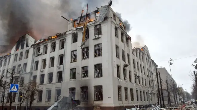 Firefighters work to contain a fire at the Economy Department building of Karazin Kharkiv National University on 2 March