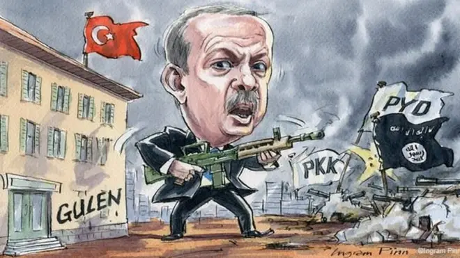 Karikatürde, Cumhurbaşkanı Erdoğan elinde bir silahla çevresi PKK, PYD, IŞİD bayrakları ve Gülen okullarıyla sarılmış olarak gösteriliyor.
