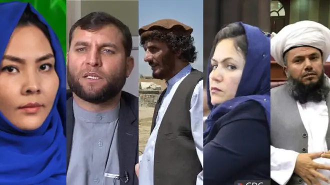 از راست به چپ، ملا تره خیل محمدی، فوزیه کوفی، زرداد فریادی، ضیاء الحق امرخیل، معصومه خاوری، از نامزدان انتخابات پارلمانی که نام‌شان از فهرست نهایی نامزدان حذف شده