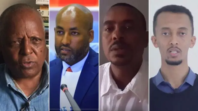 (ከግራ ወደ ቀኝ) ፕሮፌሰር መረራ ጉዲና፣ አቶ አሉላ ሃይሉ፣ አቶ አዳነ ታደሰ፣ አቶ ናትናኤል ፈለቀ