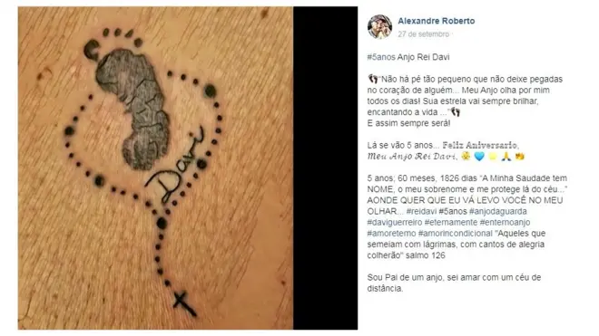 Postagem em rede social mostra tatuagem feita por Alexandre Roberto em homenagem ao filho Davi, morto no sexto mês de gestação