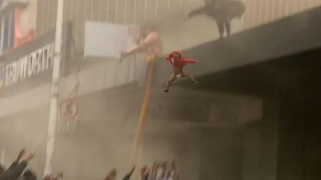 Child thrown from building