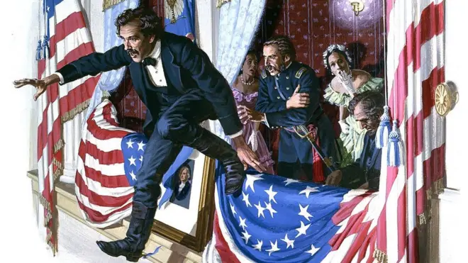 Джон Вілкс Бут стрибає на сцену театру Форда, намагаючись втекти після вдалого замаху на Авраама Лінкольна