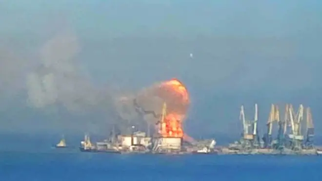 Smoke billowing from the port of Berdyansk