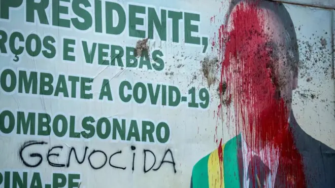 Billboard of President Jair Bolsonaro seen vandalised in Carpina, Pernambuco state, Brazil, on 27 March 2021