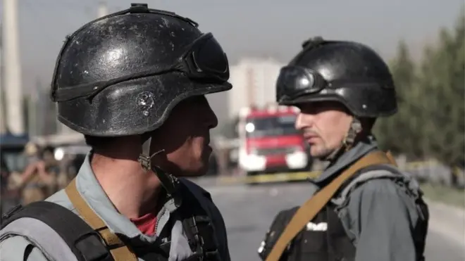 Afghan police, pictured here at the scene of an attack on 20 June, are frequent targets of the Taliban