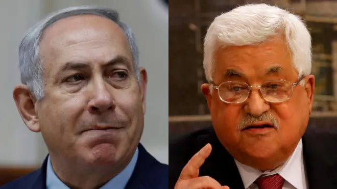 PM Netanyahu (kiri) menyebut Presiden Abbas dengan 'sekali penyangkal Holokos, selalu penyangkal Holokos'.
