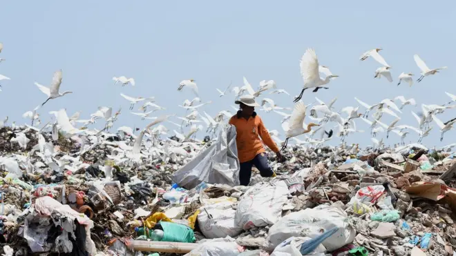 A Sri Lankan worker sorts garbage at a dump in Karadiyana, a suburb of Colombo on April 20, 2017, after the city's main landfill closed after a garbage mountain collapsed killing 32 people and destroying 145 homes. The Colombo municipality obtained permission from court to override protests from local residents and move garbage to Karadiyana as a temporary measure until a permanent solution to Colombos garbage problem is found. / AFP PHOTO / Ishara S. KODIKARA (Photo credit should read ISHARA S. KODIKARA/AFP/Getty Images)