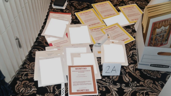 Apparently classified files on the floor of Trump's Mar-a-Lago office in the 8 August search, released by the Department of Justice