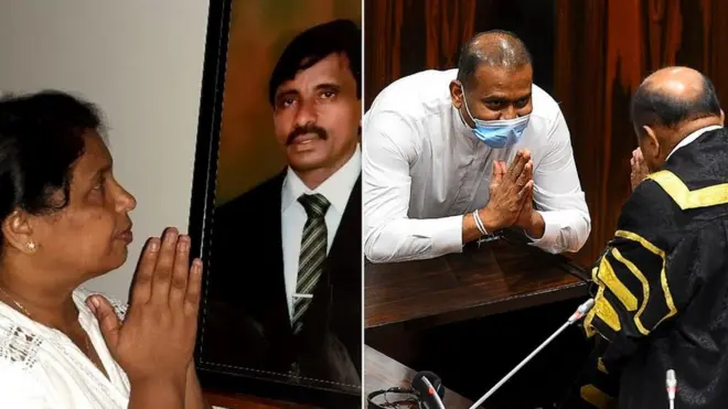 මරණයට පත් සිය සැමියාගේ ඡායාරුව අසල සිටින පුෂ්පා දොඩංගොඩ සහ පාර්ලිමේන්තුවේ දිවුරුම් දුන් ප්‍රේමලාල් ජයසේකර