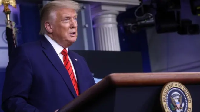 President Donald Trump speaks at a White House press conference, 31 August 2020