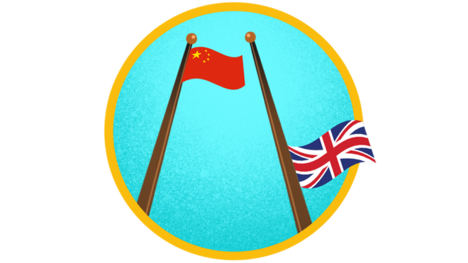 插图：中国国旗升起，英国国旗降下