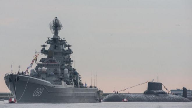 Russian Navy's Pyotr Velikiy (Peter the Great) nuclear battlecruiser and Russian Navy's TK-208 Dmitry Donskoy nuclear submarine