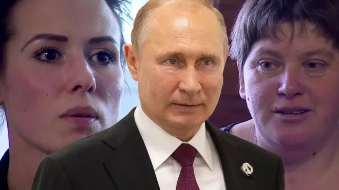 Composite image of President Vladimir Putin and two Russian women