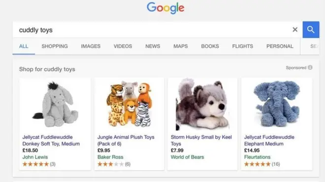 Layanan Google Shopping memperlihatkan foto produk yang dicari pengguna dan nama-nama toko yang menyediakan produk tersebut. Produk tersebut diberi label 'sponsored' untuk menunjukkan bahwa penyedia produk membayar Google agar produk mereka sengaja dimunculkan.