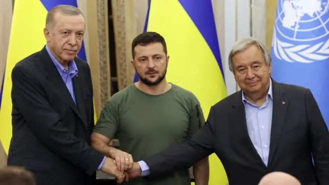 Ukrainian President Zelensky with UN Secretary General Guterres and Turkish President Erdogan
