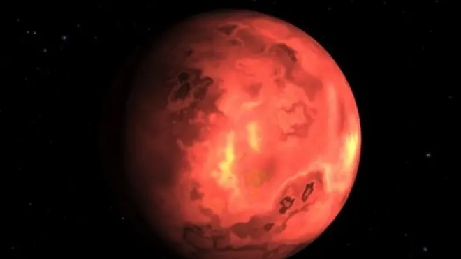 A NASA model representation of planet K2-141b, bright red and yellow over the dark universe