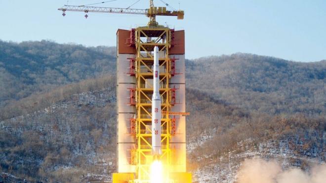 A North Korean long-range rocket carrying a Kwangmyongsong-4 Satellite is launched at the Sohae rocket launch site, North Korea, in this photo released 7 February 2016.