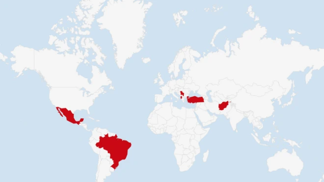 Haritada yer alan ülkeler: Meksika, Brezilya, Afganistan, Türkiye, Kuzey Makedonya, Sırbistan, Arnavutluk