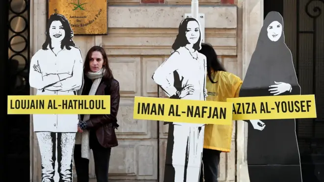 Amnesty International urges Saudi authorities to release activists Loujain al-Hathloul, Eman al-Nafjan and Aziza al-Yousef, outside the Saudi Arabian embassy in Paris, March 8, 2019