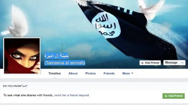 Tampilan beranda akun Facebook seorang perempuan asal Inggris yang dituduh bersimpati kepada ISIS. Menebar pengaruh radikal melalui internet telah dilakukan kelompok-kelompok garis keras beberapa tahun terakhir untuk merekrut anggota.