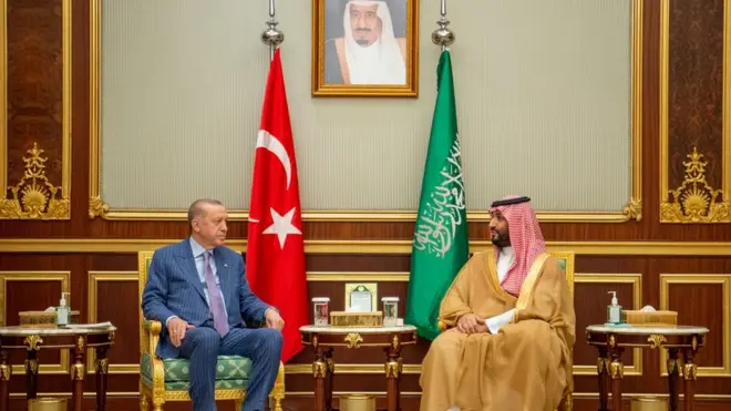 من لقاء ولي العهد السعودي محمد بن سلمان مع رئيس جمهورية تركيا رجب طيب أردوغان في قصر السلام في جدة